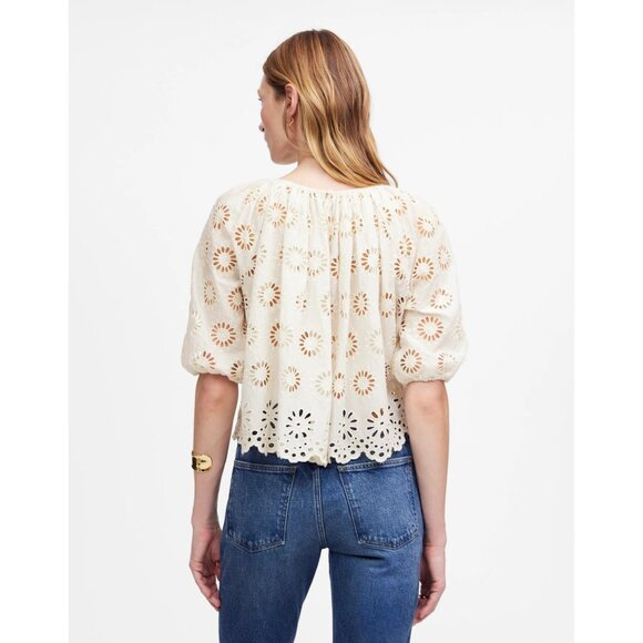 Madewell Embroidered Shirred Puff-Sleeve Top Women's XS Ivory Floral Eyelet - Picture 10 of 16